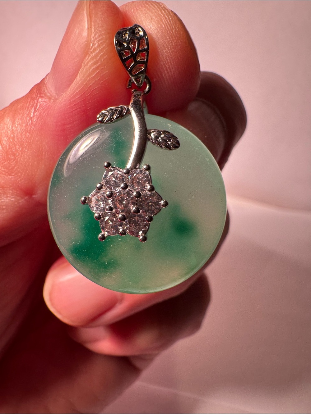 Green Jadeite Disc Pendant with Silver Floral Accent